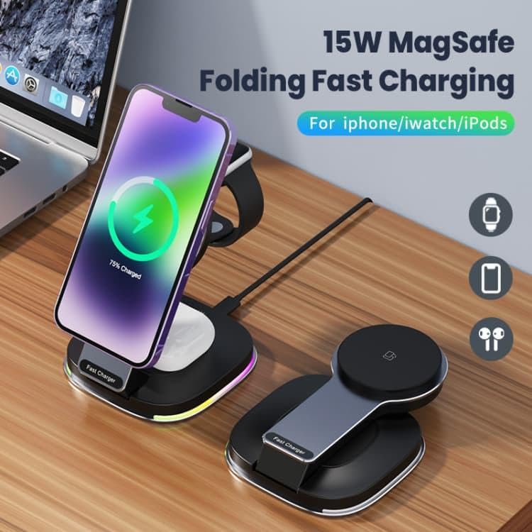 Image of MERISH 3-in-1 Wireless Charging Station, 15W Fast Charging, Compatible with iPhone /iWatch /iPods, Foldable Design (Black)