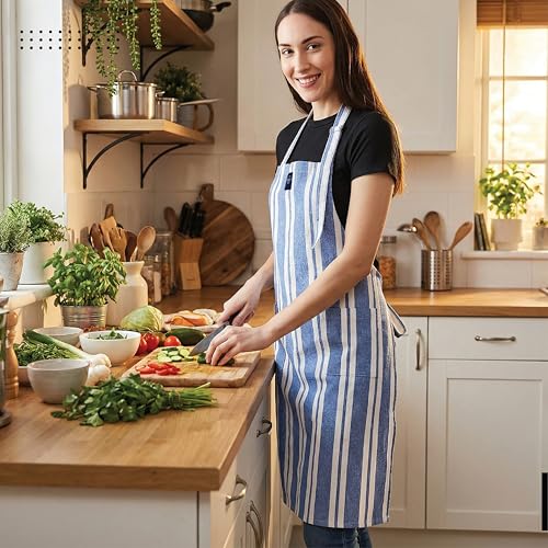 Image of Encasa XO 100% Cotton Apron Set for Women & Men with Adjustable Apron, Oven Gloves & Pot Holder (Pack of 3) Combo, Heat-Resistant, Soft & Durable for Cooking, Baking & Grilling (Franca Blue Stripes)