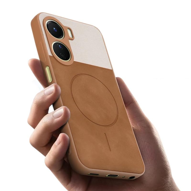 Image of Bintage case Dual-Leather Macc-Safe Design Phone Case| Soft Touch Finish | Full Camera Protectection Back Cover Compatible for Vivo V2312 / T2X 5G / Y56 5G - White & Nut Brown