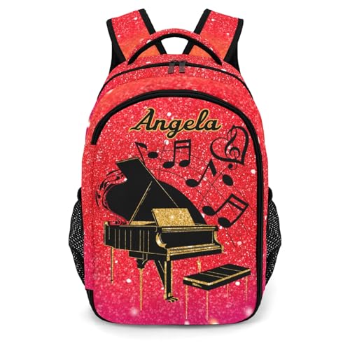Custom Love Music Piano Backpack Name Casual Bag Book Pack Daypack for Women Men Camping Hiking Gradient Red Glitter Print