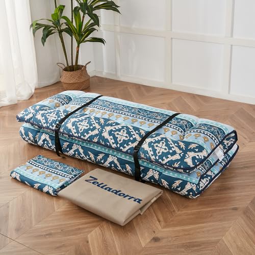 Zelladorra Japanese Floor Mattress, Futon Mattress with Portable Storage Bag and Washable Cover, Roll Up Thick Tatami Mat Suitable for Camping, Guest Room (Blue Striped Jacquard, Twin) - Thumbnail 3