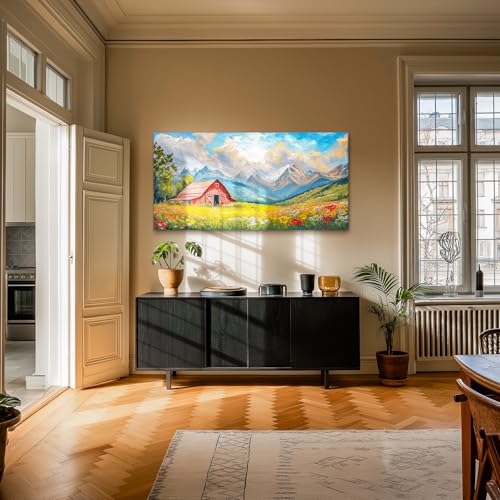 crmotu Rustic Barn Large Wall Art, Mountain Meadow Wildflowers Art Prints, Country Landscape Canvas Paintings, Cottagecore Warmth Oil Paintings Wall Decor Living Room Bedroom Farmhouse 30x60 Inch