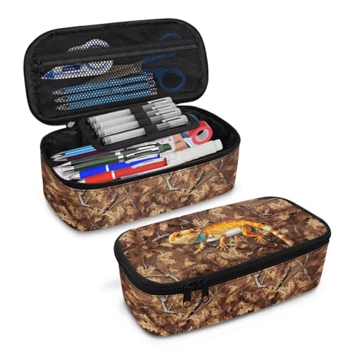Image of Lizard Leaf Camo Pencil Case for Boys Large Capacity Pencil Pouch for Kids Multi-function Portable Lightweight Pen Box with Strap for School