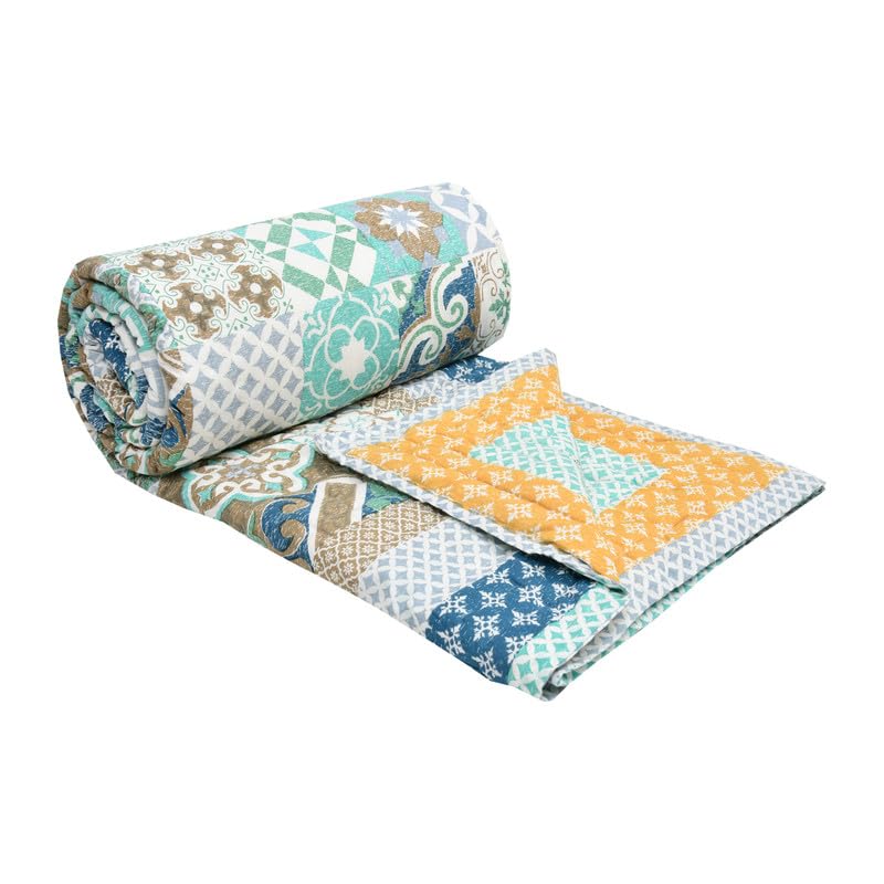 Image of BLOCKS OF INDIA Hand Block Printed Cotton King Size Quilt /Rajai (90 Inch X 108 Inch Blue CHOKDI) Skin Friendly, 300 TC