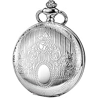 TREEWETO Reloj de bolsillo unisex con cadena, analógico, cuerda manual, reloj esqueleto con números romanos, plateado