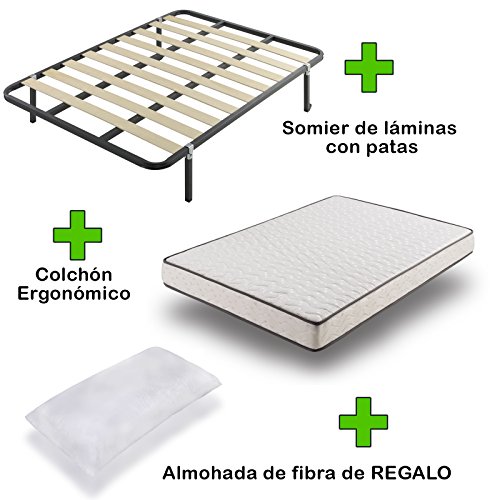Due-home Pack Colchón eco18 + somier Basic con Patas + Almohada de...