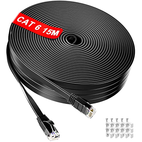 RJ45 15m Cable Ethernet, Plat Câble Réseau 15m Haute Vitesse(15 Clips Câble) - Câble Ethernet étanche extérieur Gigabit CAT 6 pour Gaming/Smart TV, Plus Rapide que Cat5/Cat5e, Moins cher Que Cat 7 Cover