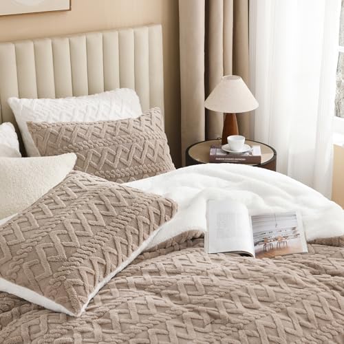 Andency Fluffy Sherpa Queen Comforter Set, Super Soft Khaki Fleece Warm Bedding for Winter, Luxury Jacquard Boho Thick Fuzzy Plush Bed Set 3 Pieces(1 Shaggy Comforter, 2 Pillowcases) by Andency - Image 5