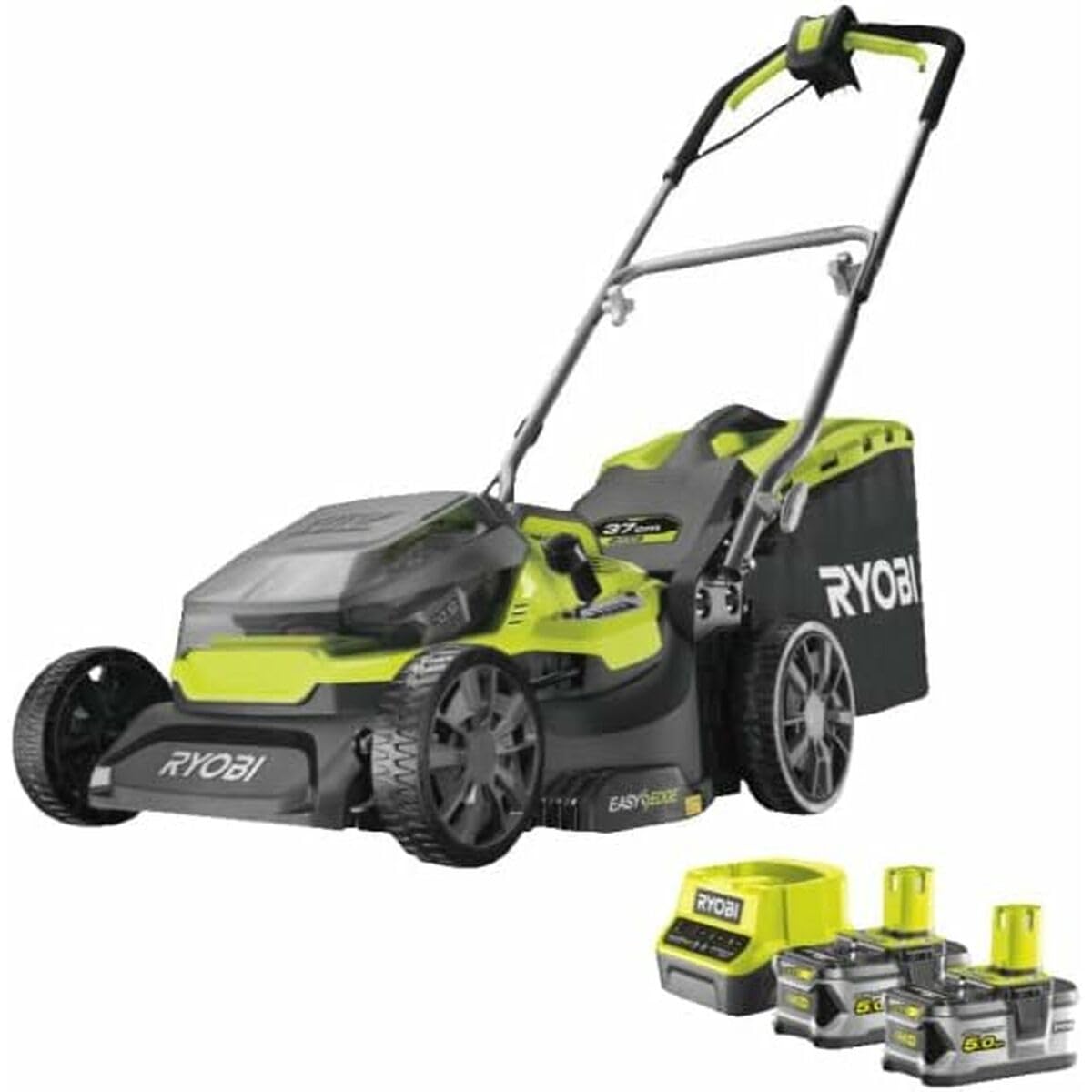 RYOBI 18V One+ Tondeuse Hybride 37 cm 2 Batteries 5.0 Ah Chargeur Rapide Bac 45 L Réglage Hauteur 2-7 cm 575 m²