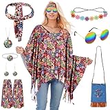 Disfraz Hippie Mujer, 9 Piezas Disfraz Años 70 Mujer, Disfraz Carnaval Mujer con Capa Hippie, Bolso Hombro Colorido, Gafas Sol, Disfraz Hippie Retro Discoteca Años 60 70 para Fiesta Carnaval (Retro)