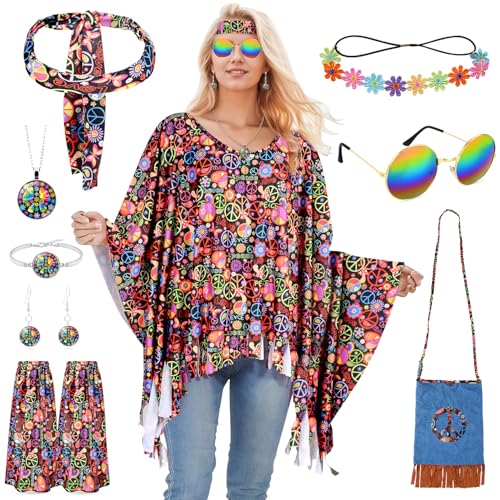 Hippie Kostüm Damen Set, Faschingskostüme Damen, 70er Jahre Outfit Damen mit Hippie Umhang, Bunter Umhängetasche, Sonnenbrille, 60er 70er Jahre Disko Kostüm Kleidung für Karneval Party (Retro) Hippie Kostüm Damen Set, Faschingskostüme Damen, 70er Jahre Outfit Damen mit Hippie Umhang, Bunter Umhängetasche, Sonnenbrille, 60er 70er Jahre Disko Kostüm Kleidung für Karneval Party (Retro)