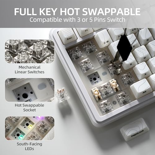 XVX M75 Wireless Gaming Mechanical Keyboard,75% Layout with Knob and IMD Topographic Keycaps,BT5.0/2.4GHz/USB-C,Hot Swappable Creamy Switches, Gasket Structure,RGB Backlit Keyboard for Win/Mac,White — view 6