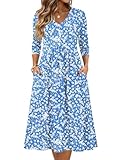 Zeagoo Plus Size Midi Dresses for Women Elbow Length Women's Dress Casual Flowy A-Line Midi Tshirt Dresses with Pocket Empire Waist Summer Boho Beach Sundress Blue 2XL