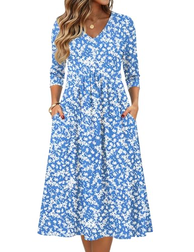 Zeagoo Dress for Women Midi Dress with Elbow Lengths Women's Dress Casual Holiday Flowy A-Line Midi Tshirt Dresses with Pocket High Waist Summer Boho Beach Sundress Blue L