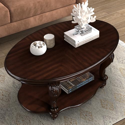 Amposei-Traditional-Vintage-Wood-Coffee-Table-42-Inch-Oval-Cocktail-Table-Center-Table-with-Storage-Shelf-for-Living-Room-Easy-Assembly-Cherry Amposei Traditional Vintage Wood Coffee Table 42 Inch Oval Cocktail Table Center Table with Storage Shelf for Living Room Easy Assembly Cherry