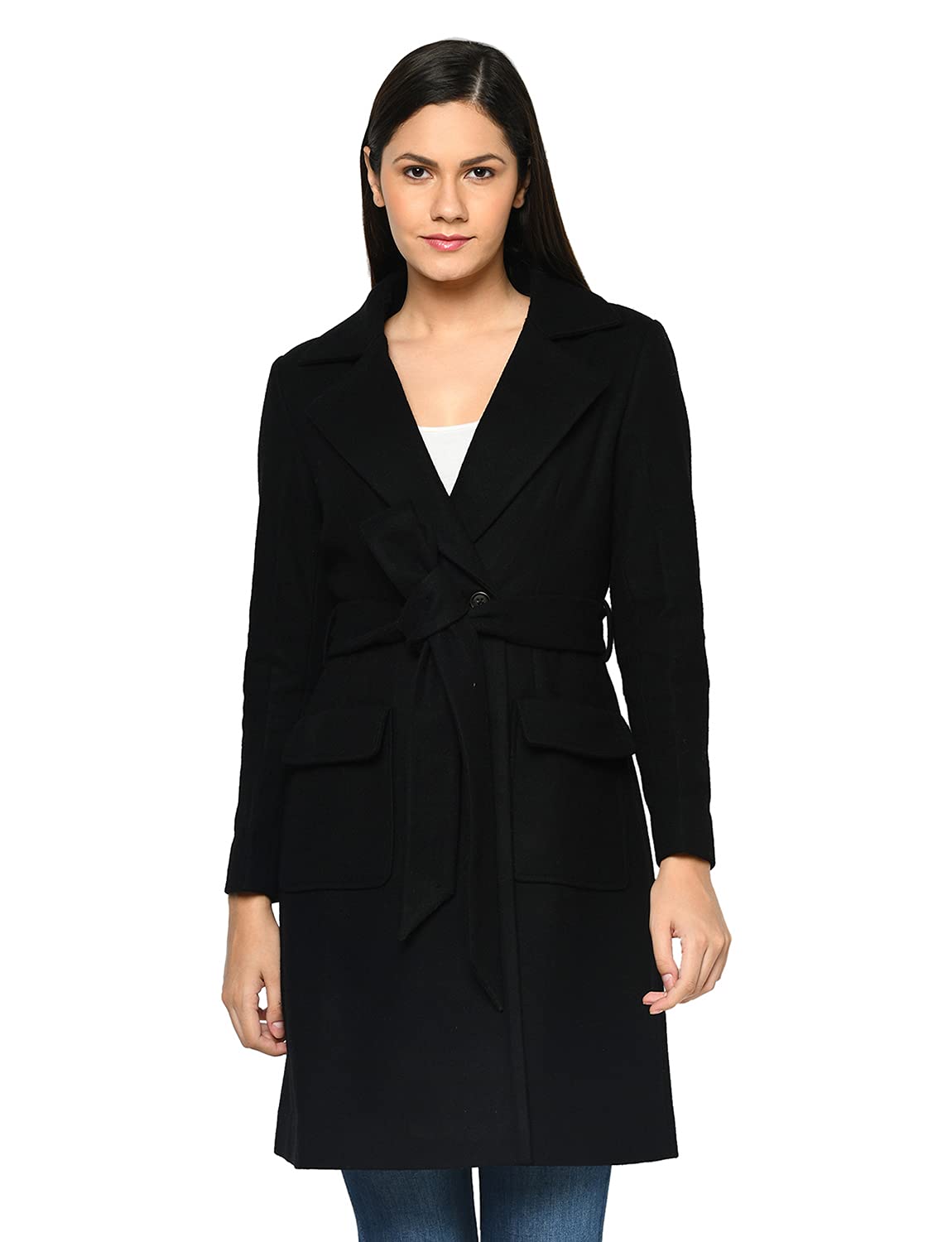 OwncraftWomen's Black Solid Notch Collar Wool Coat
