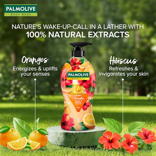 Image of Palmolive Mindful Awake Body Wash, 750ml Shower Gel Single Pump Bottle, 100% Natural Orange & Hibiscus Extracts, pH Balanced Bodywash, Free of Parabens & Silicones
