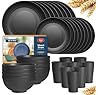 Teivio 32-Piece Kitchen Plastic Wheat Straw Dinnerware Set, Service for 8, Unbreakable Modern Dish Set - Dinner Plate/Dessert Plate/Cereal Bowl/Cup, for Apartment Essentials, Outdoor Camping,Black