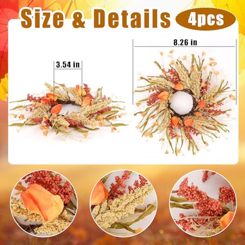 Image of 4 Pcs Fall Candle Rings 9 inch Thanksgiving Autumn Wreaths with Flowers for Tables Artificial Farmhouse Candle Rings Wreath for Front Door Porch Wall Window Decorations