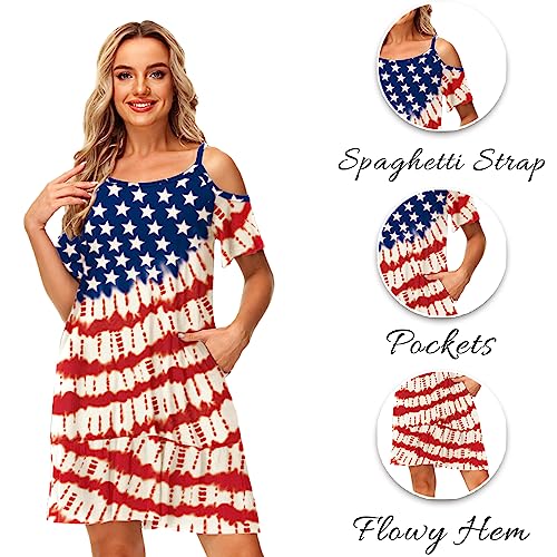 Image of Deerose Womens 4th of July Dresses Cold Shoulder American Flag Tie Dye A-Line Dress with Pockets