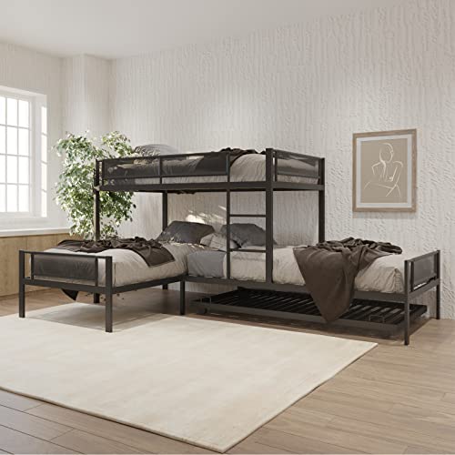 KIVENJAJA L-Shape Triple Bunk Bed with Trundle, Metal Quad Bunk Beds Twin Over Twin for 4 Kids, Heavy Duty 4 Small Bunkbeds for Teens Girls Boys Adults, Black