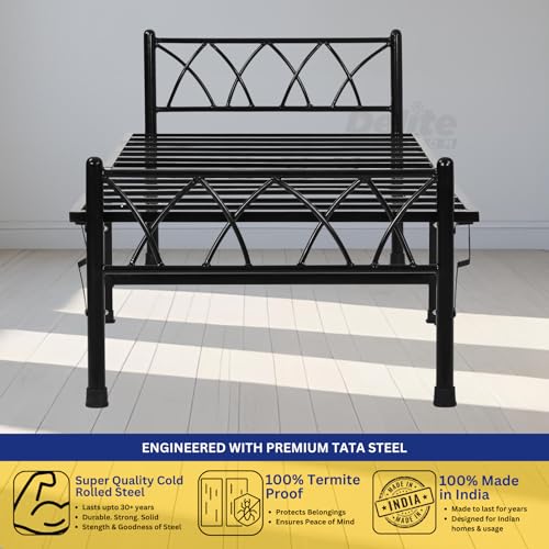Image of DELITE KOM Mario Foldable Metal Bed | Single Size (6.41ft x 3ft) | Portable | No Installation | Strong Steel Frame | Powder Coated | Heavy Load | for 75 inchx36 inch Mattress | Glossy Black | 1 Year Warranty