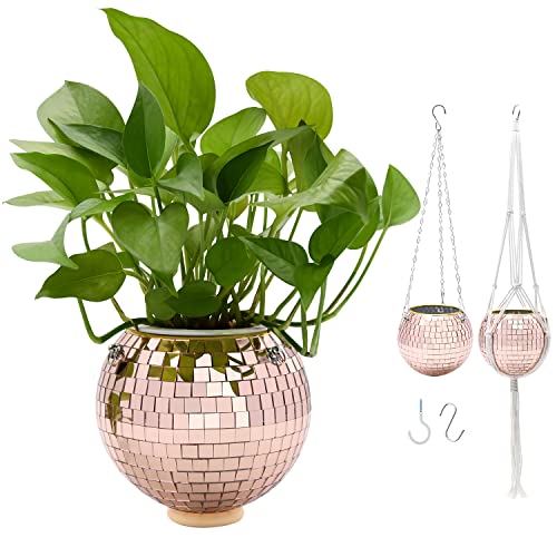 RUBY.Q Disco Ball Planter, 6" Rose Gold Disco Planter, Disco Ball Plant Hanger with Hanging Rope, Chain, Hook, Circle and 6pcs Extra Mirror Pieces for Indoor Plants (6", Rose Gold)