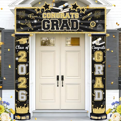 2026 Graduation Door Banner Decorations Black Gold Congrats Grad Porch Sign Class of 2026 Door Banner Decor Large Graduation Party Backdrop Props for High School College Outdoor Indoor Yard Supplies