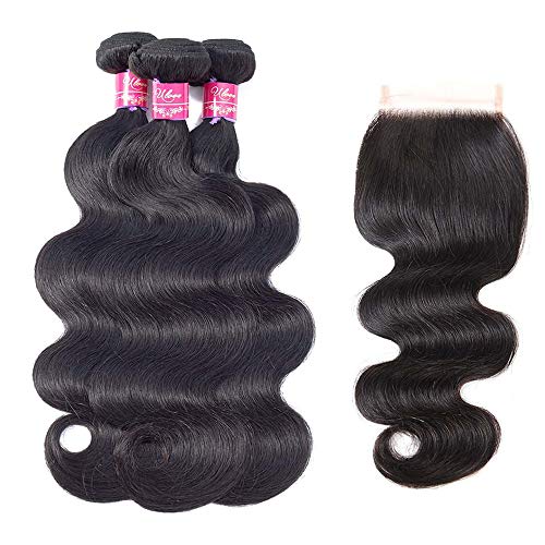 Ulove Hair Brazilian Hair 3 Bundles with Closure Body Wave 4×4 Lace Closure with Bundles Unprocessed Human Hair Extensions Weave With Closure Natural Color(14 16 18+12"Free Part Closure)