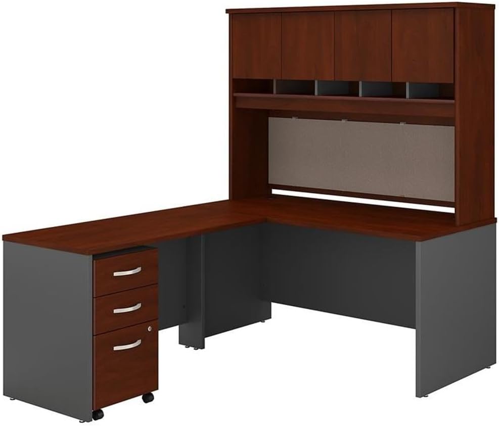 Bush Business Furniture Series C 60W L Shaped Desk with Hutch and Mobile File Cabinet in Hansen Cherry