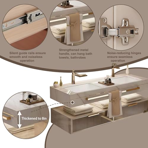 Modern Suspended Vanity with Sink, Wall-Mounted Bathroom Vanity with Quartz Countertop, No Assembly Required, Glass Included | LED Smart Demisting Mirror Cabinet, Sensor Light, Open Storage Shelves