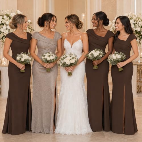 Image of Xscape Women's Long Bodycon Formal Evening Gown with Cap Sleeves, Asymmetrical Neckline, Ruched Bodice and Front Slit