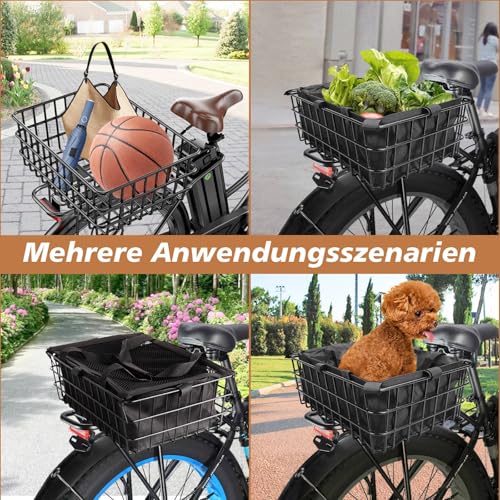 Fahrradkorb Hinten, Metall Groß Fahrrad Korb Stabil Hinten, Stark Robust mit Wasserdichtem Liner & Gepäcknetz, Universeller Passform für Erwachsenenräder, E-Bikes, Rostbeständig, Einfache Montage