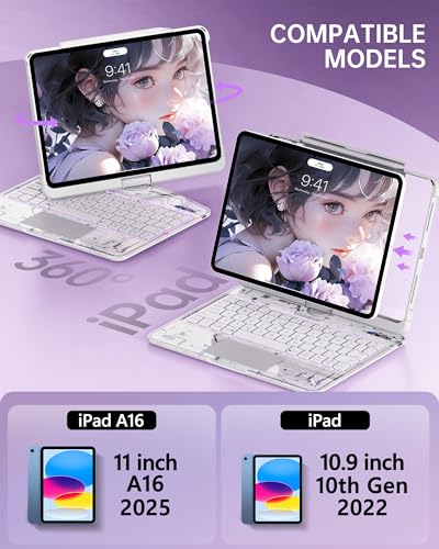 Image of Intermerge Clear iPad A16 11th & 10th Generation 10.9 inch Case with Keyboard, 360 Transparent Multi-Touch Trackpad, 7-Color RGB Keyboard, Pencil Holder, Type-C, Power Indicator, Frost Pulse