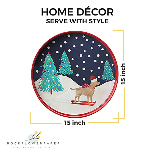 Rockflowerpaper Ski Dog 15 Inch Round Lacquered Wooden Decorative Heat Resistant Tray With Handles For Coffee Drinks Breakfast Dinner #TOP1