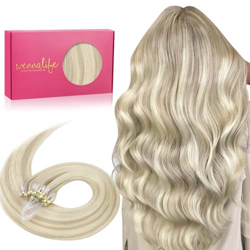 Image of WENNALIFE Microlink Hair Extensions Human Hair, 50g 50s 14 Inch Ash Blonde Highlighted Platinum Blonde Remy Hair Microbead Micro Link Microloop Microring Invisible Straight Natural Fusion Installation