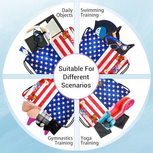 Image of USA Flag Grip Bag Butterfly Floral 4 th of July Drawstring Bag for Gym