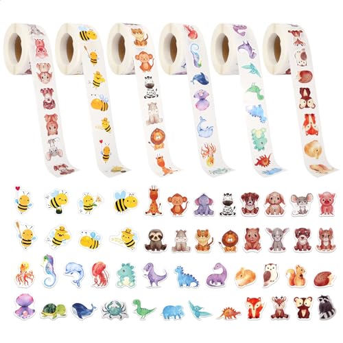 3000 Stück Sticker Tiere Cartoon Tier Aufkleber Tier Belohnungsaufkleber Meerestiere Waldtiere Stickers Selbstklebende Sticker Tiere Stickerrolle für Scrapbooking DIY Basteln Journal