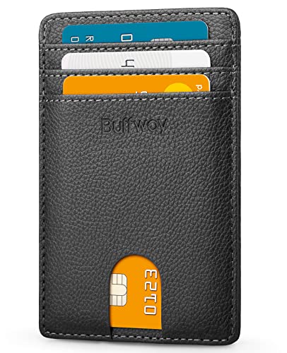 Image of Buffway Mens Slim Wallet, Minimalist Thin Front Pocket Leather Credit Card Holder with RFID Blocking for Work Travel | Minimalist