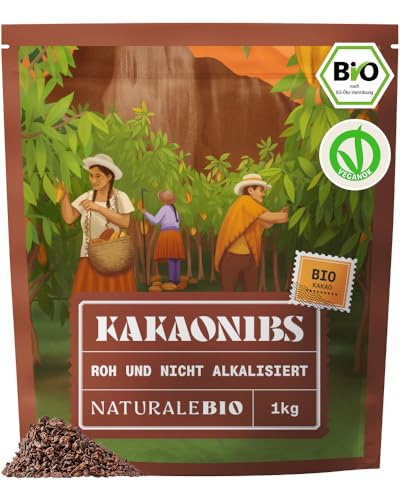 NaturaleBio Roh Kakao Nibs 1Kg. Bio Roh Kakao Nibs. Rohkost, natürlich und rein. Produziert aus der Theobroma Pflanze. Quelle für Magnesium, Kalium und Eisen.