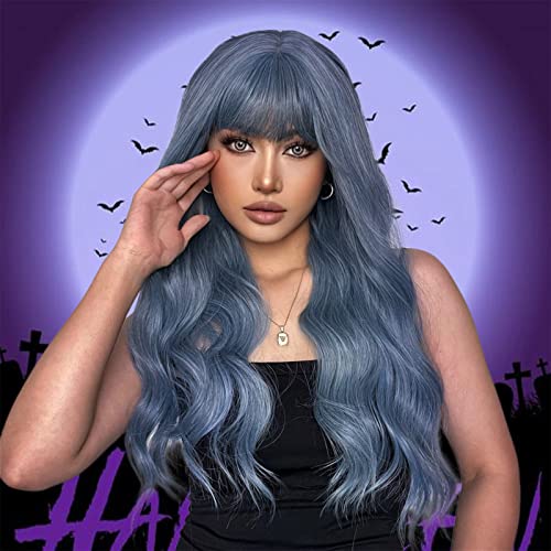 NANJIL Half blue and half purple two color wig pink Bob long blue wig colorful mixed wig wavy wig suitable for women's daily party role play costume party show (style1)
