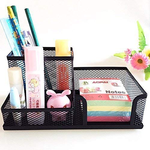 Image of 3 Compartment Multi Functional Metal Mesh Desk Organizer for Office Pen Pencil Stand Ruler Visiting Card Sticky Notes Holder,8 x 4 x 4 inch (Black)