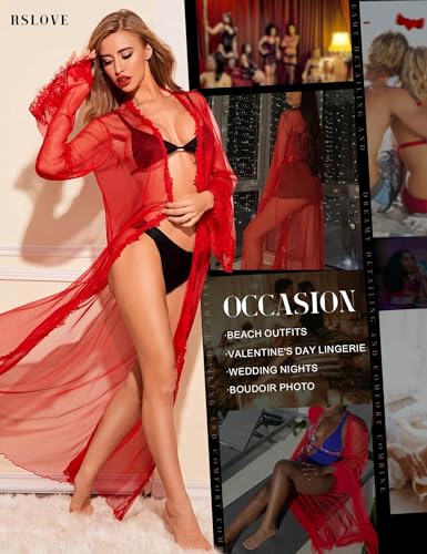 Image of RSLOVE Lingerie for Women Sexy Long Lace Kimono Robe Mesh Chemise Lace Gown Swimsuit Cover Up