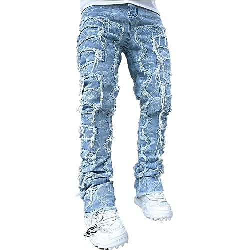 XBTCLXEBCO Mens Ripped Stacked Jeans Distressed Destroyed Straight Jeans Skinny Patchwork Denim Pants Street Hip Hop Trousers3