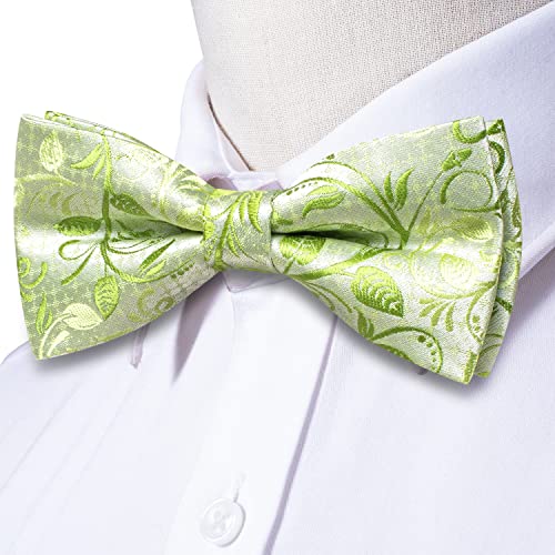 Image of Hi-Tie Pretied Bow Ties for Men Wedding Formal Bow Tie Handkerchief Cufflinks Lapel Pin Set Party Formal Mens Bowtie Set, Light Green Floral, Medium