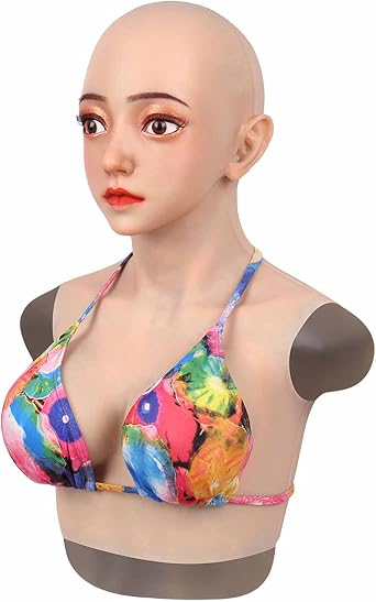 Silicone Head Mask with Soft Cotton Filled Breastplate Halloween Cosplay Realistic Female Face