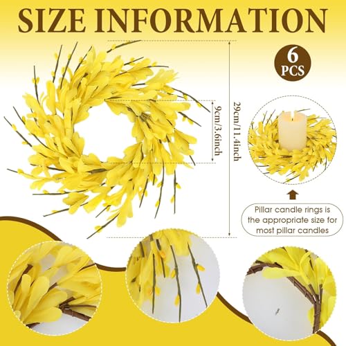 Image of 6 PCS Spring Forsythia Wreath Candle Rings Artificial Forsythia Farmhouse Candle Rings Pillar Holder Wreath Mini Spring Summer Floral Candle Rings for Rustic Wedding Home Table Centerpiece Decor