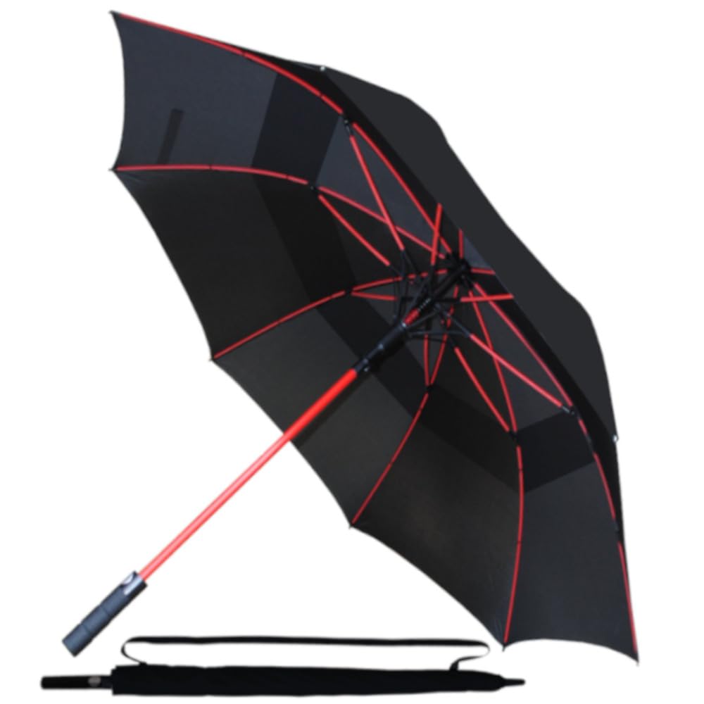 60MPH Big Golf Umbrella - Large Windproof Strong for Rain and Wind - Heavy Duty XL - Best for Vented Canopy - Red Reinforced Fiberglass Frame - Non Slip Handle - Auto - Black