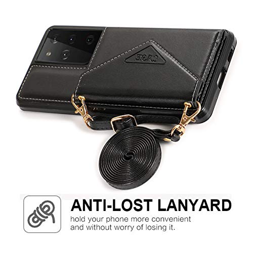 Wallet Case Compatible With Samsung Galaxy A21S Crossbody Leather Phone Case With Credit Card Holder And Strap Magnetic Flip Pu Kickstand Cases Shockproof Protective Shell Cover(Black) #TOP6