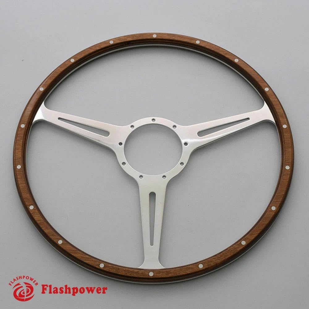 Amazon.com: Flashpower 14 英吋經典9 個螺栓鉚釘木製方向盤,附喇叭